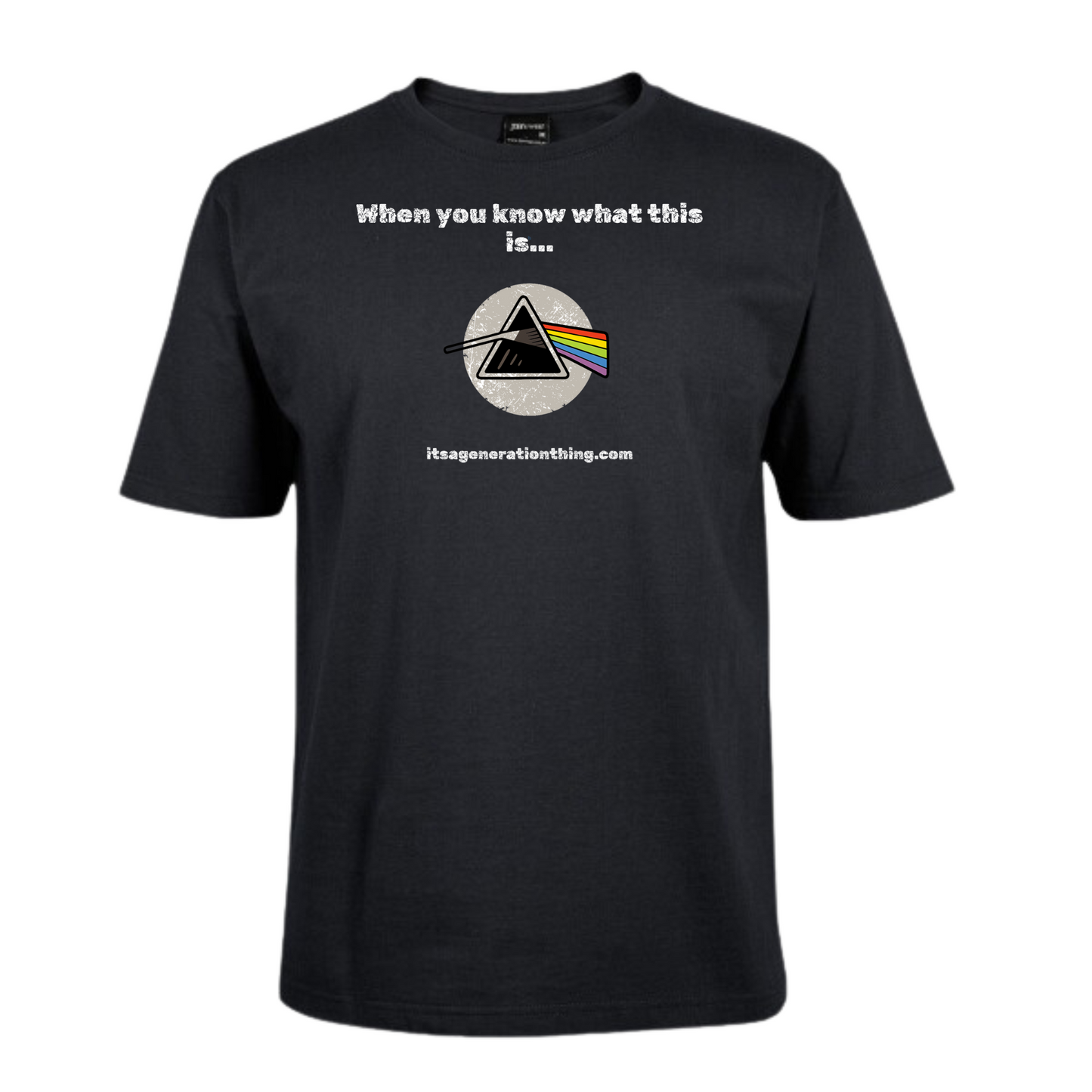 Black t-shirt with a graphic design and text on a white background