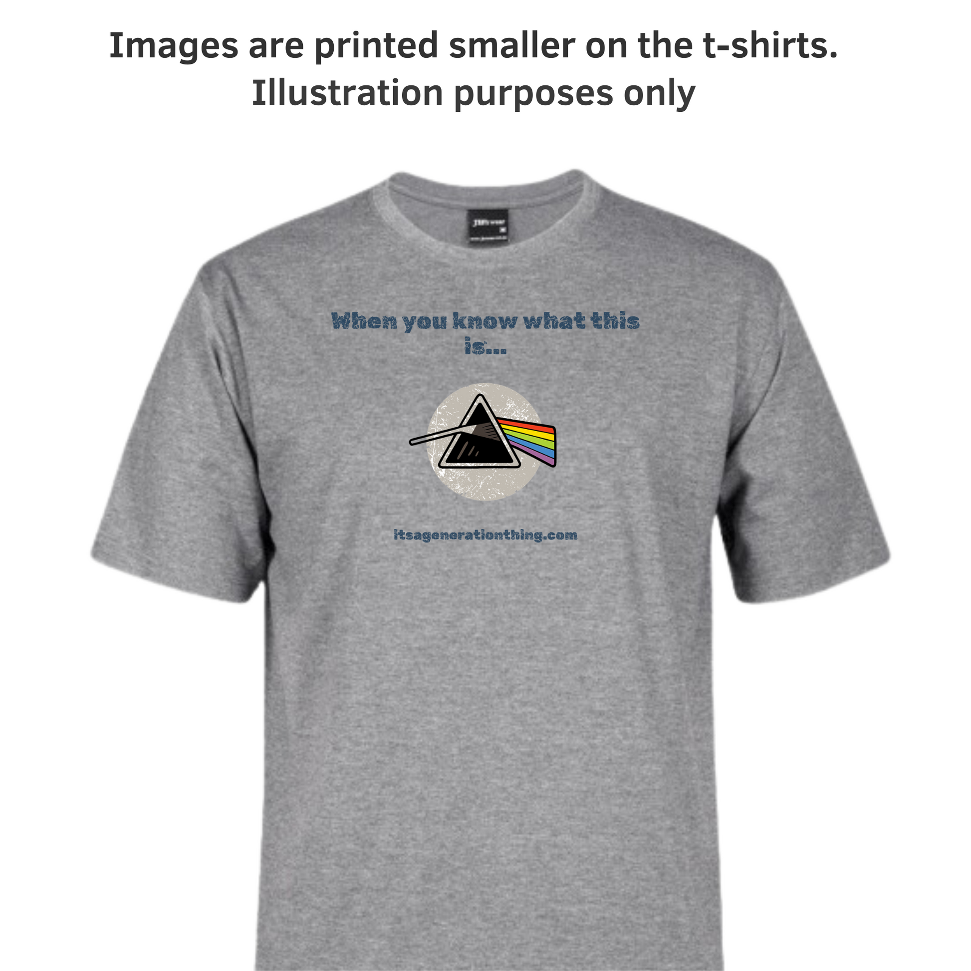 Gray t-shirt with a graphic design and text on a white background