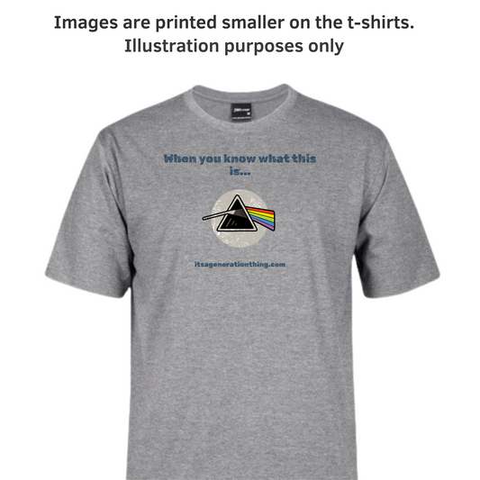 Gray t-shirt with a graphic design and text on a white background