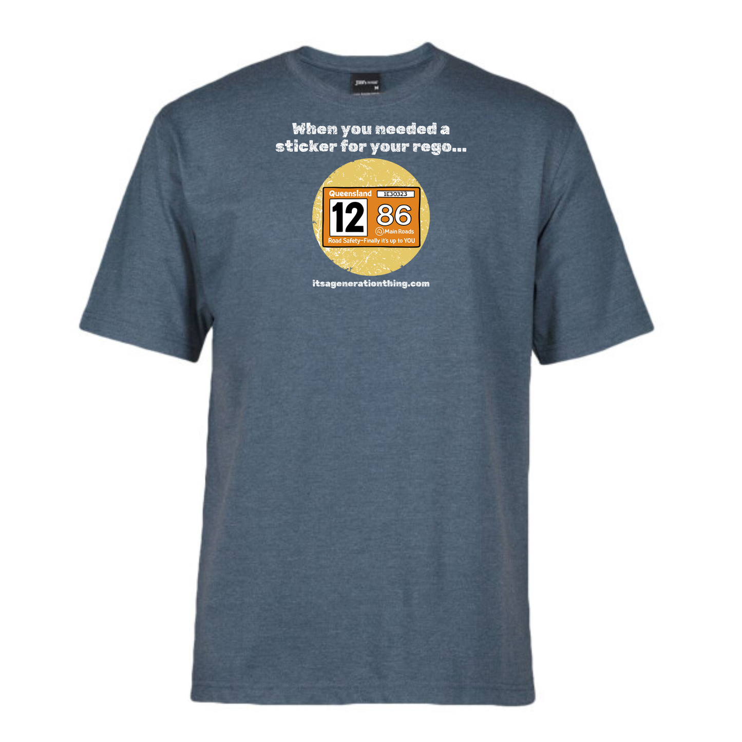 Blue t-shirt with a vintage-style registration sticker graphic and text on a white background