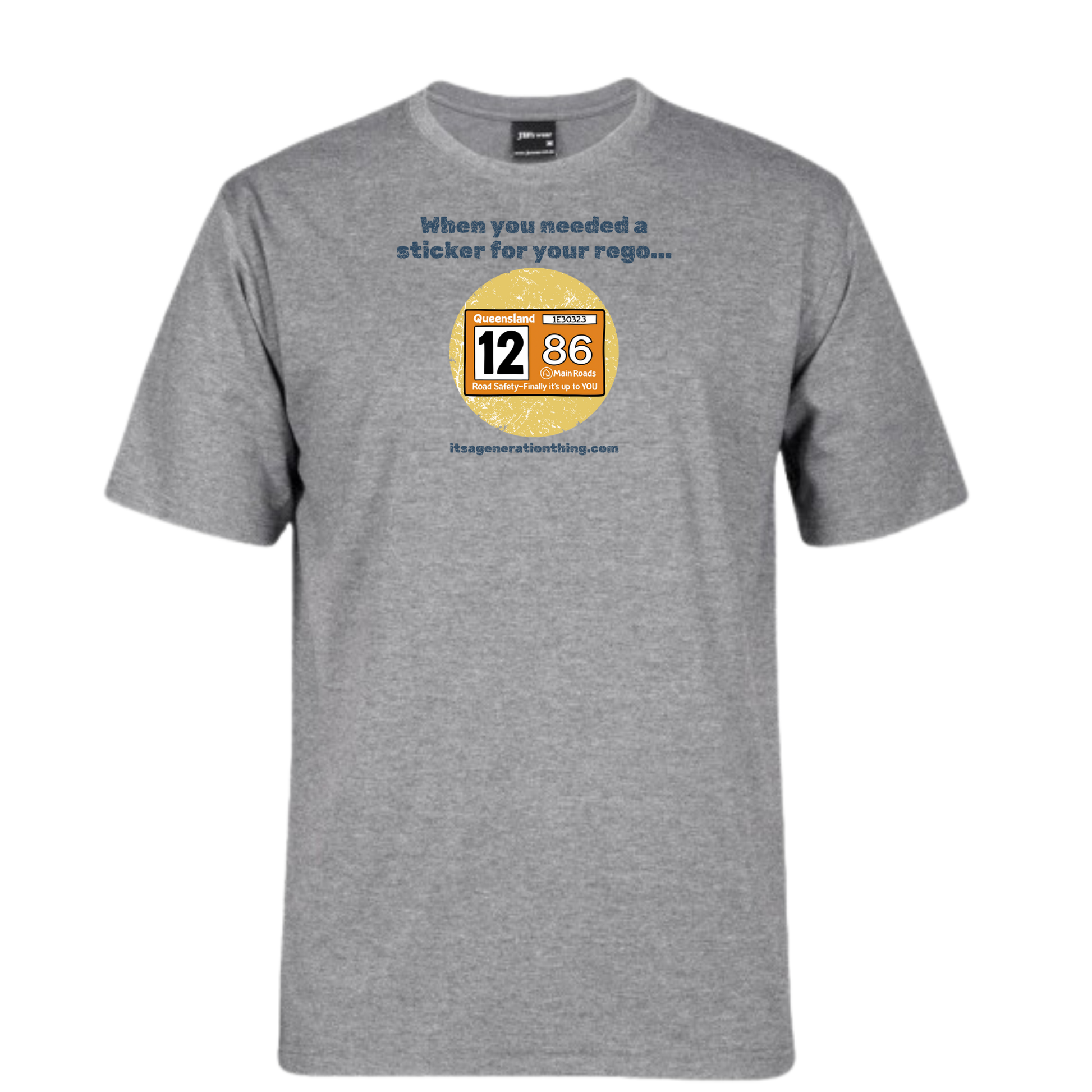 Gray t-shirt with a yellow sticker design on a white background