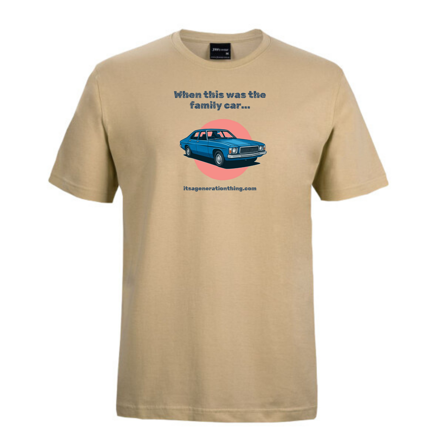 Beige t-shirt with a graphic of a blue car and text on a white background